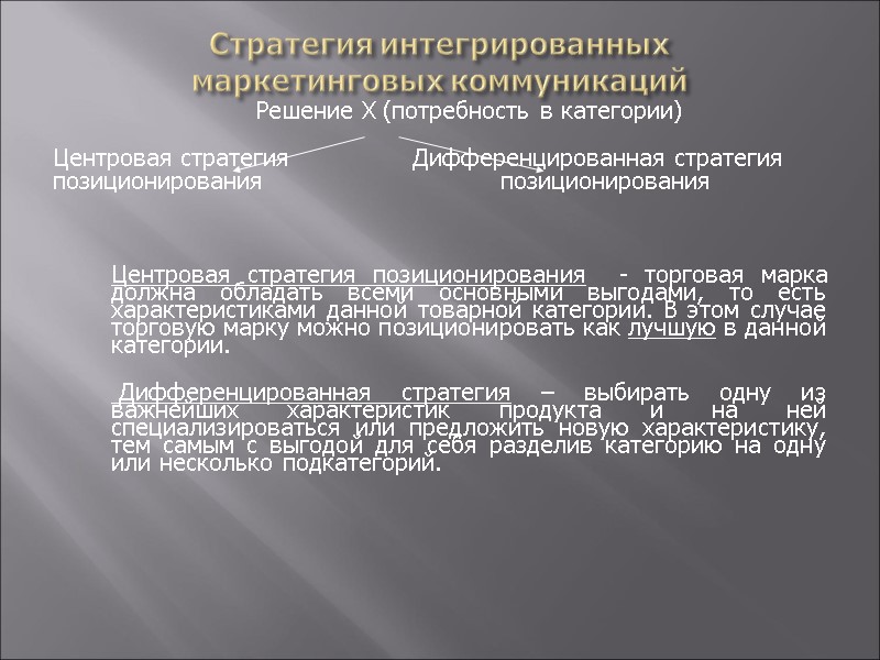 Стратегия интегрированных  маркетинговых коммуникаций  Решение X (потребность в категории)  Центровая стратегия